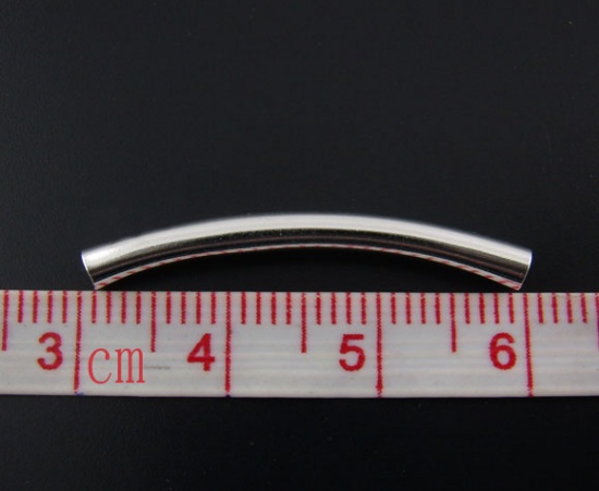 Picture of Copper Spacer Beads Curve Tube Silver Plated About 30mm(1 1/8") x 3mm( 1/8"), Hole:Approx 2.5mm, 200 PCs