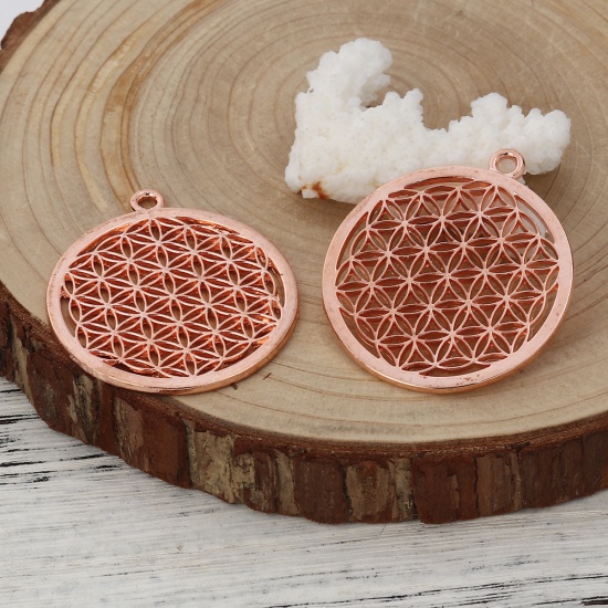 Picture of Zinc Based Alloy Flower Of Life Pendants Round Rose Gold 44mm(1 6/8") x 40mm(1 5/8"), 5 PCs
