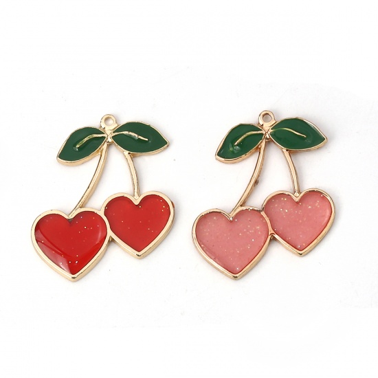 Picture of Zinc Based Alloy Pendants Cherry Fruit Gold Plated Red Enamel 30mm(1 1/8") x 27mm(1 1/8"), 5 PCs