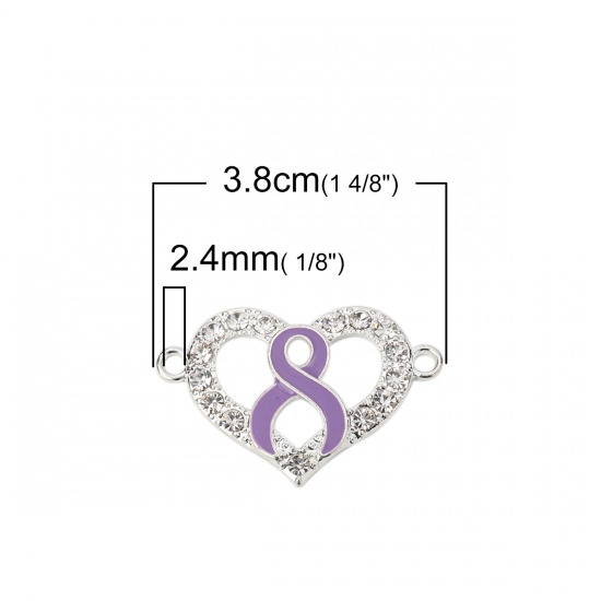 Picture of Zinc Based Alloy Connectors Heart Silver Plated Purple Ribbon Enamel Clear Rhinestone 38mm x 25mm, 3 PCs