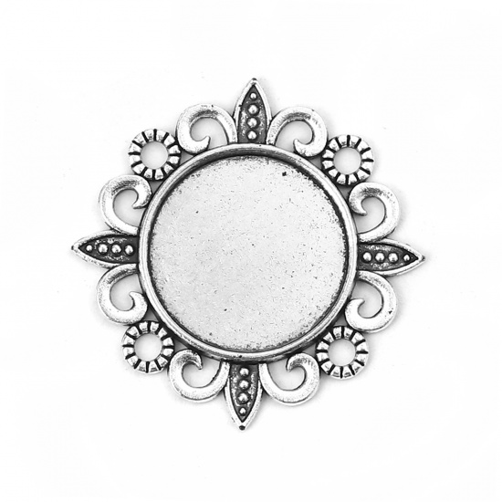 Picture of Zinc Based Alloy Cabochon Frame Settings Flower Antique Silver Cabochon Settings (Fits 18mm Dia.) 32mm(1 2/8") x 32mm(1 2/8"), 30 PCs