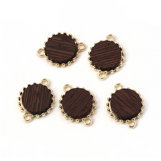 Picture of Zinc Based Alloy & Wood Connectors Round Gold Plated Coffee 19mm x 15mm, 10 PCs