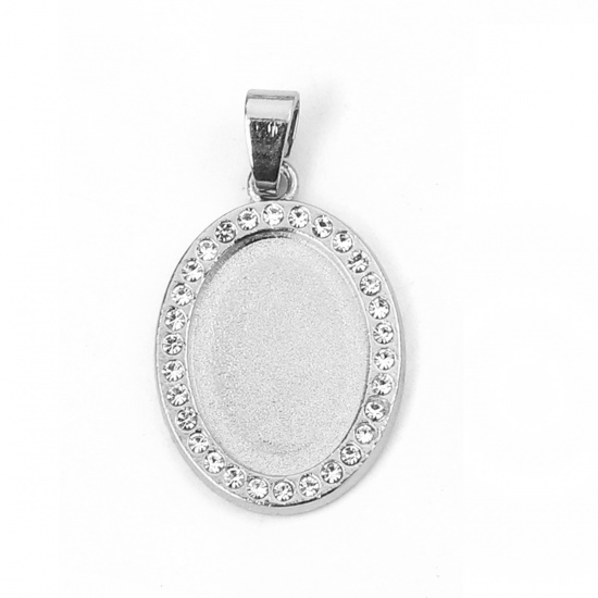 Picture of Zinc Based Alloy Pendants Oval Silver Tone Cabochon Settings (Fits 18mmx13mm) Clear Rhinestone 32mm x 18mm, 5 PCs