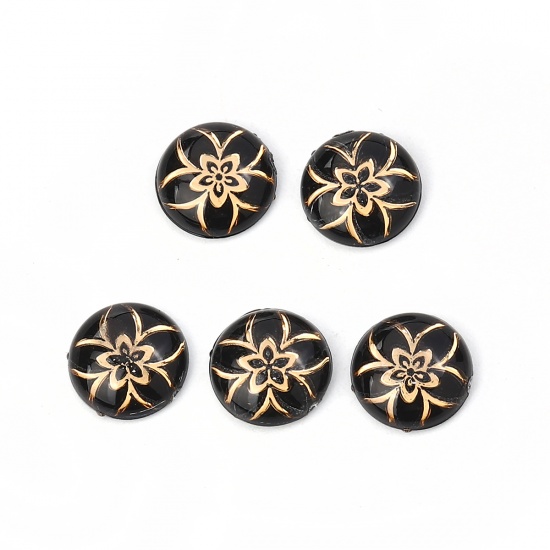 Picture of Acrylic Dome Seals Cabochon Round Black Flower Pattern 10mm( 3/8") Dia, 200 PCs