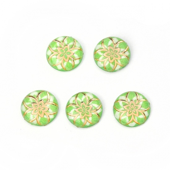 アクリル カボション 円形 緑 花パターン 10mm直径、 200 個 の画像