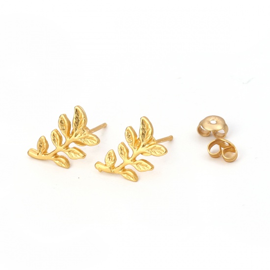 Picture of Zinc Based Alloy Ear Post Stud Earrings Findings Leaf Matt Gold 15mm x 9mm, Post/ Wire Size: (20 gauge), 6 PCs