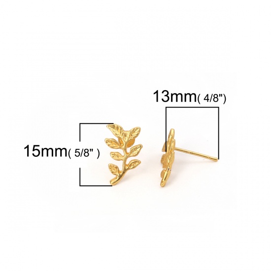 Picture of Zinc Based Alloy Ear Post Stud Earrings Findings Leaf Matt Gold 15mm x 9mm, Post/ Wire Size: (20 gauge), 6 PCs