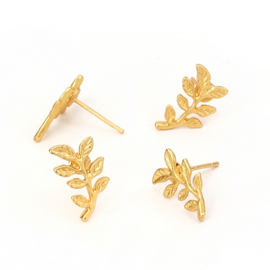 Picture of Zinc Based Alloy Ear Post Stud Earrings Findings Leaf Matt Gold 15mm x 9mm, Post/ Wire Size: (20 gauge), 6 PCs