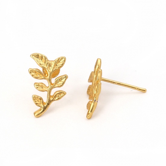 Picture of Zinc Based Alloy Ear Post Stud Earrings Findings Leaf Matt Gold 15mm x 9mm, Post/ Wire Size: (20 gauge), 6 PCs