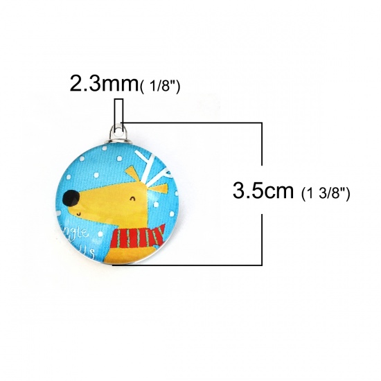 Picture of Glass Pendants Round Christmas Reindeer Blue 35mm(1 3/8") x 30mm(1 1/8"), 5 PCs