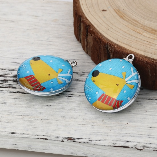 Picture of Glass Pendants Round Christmas Reindeer Blue 35mm(1 3/8") x 30mm(1 1/8"), 5 PCs