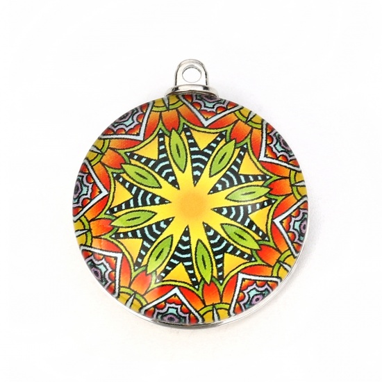 Picture of Glass Buddhism Mandala Pendants Round Multicolor 35mm(1 3/8") x 30mm(1 1/8"), 5 PCs