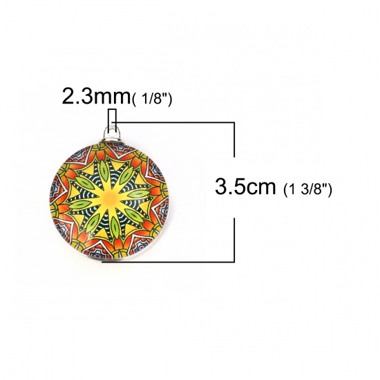 Picture of Glass Buddhism Mandala Pendants Round Multicolor 35mm(1 3/8") x 30mm(1 1/8"), 5 PCs