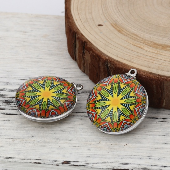 Picture of Glass Buddhism Mandala Pendants Round Multicolor 35mm(1 3/8") x 30mm(1 1/8"), 5 PCs