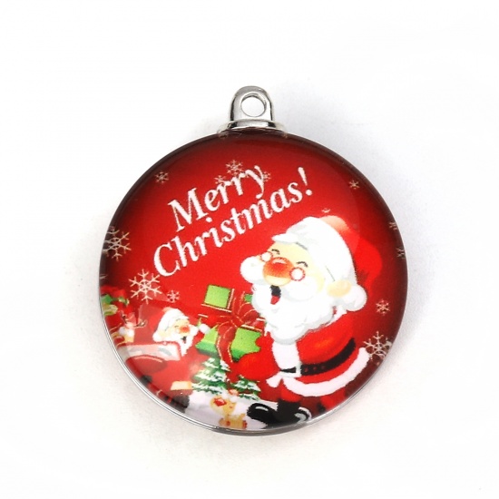 Picture of Glass Pendants Round Christmas Santa Claus Red 35mm(1 3/8") x 30mm(1 1/8"), 5 PCs