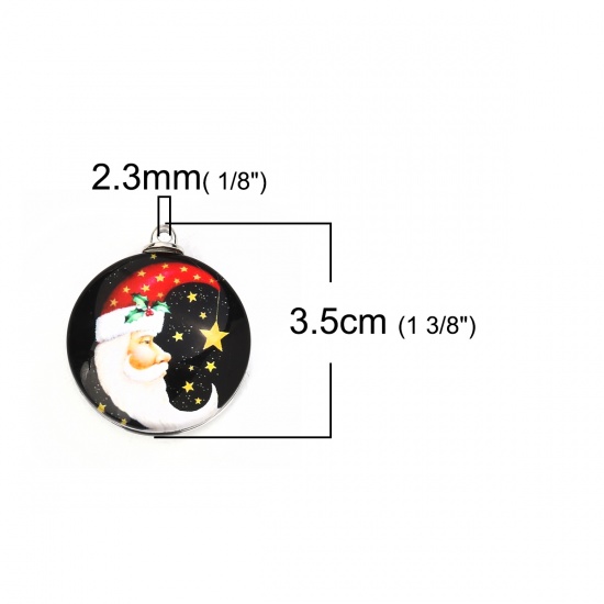 Picture of Glass Pendants Round Christmas Santa Claus Black 35mm(1 3/8") x 30mm(1 1/8"), 5 PCs