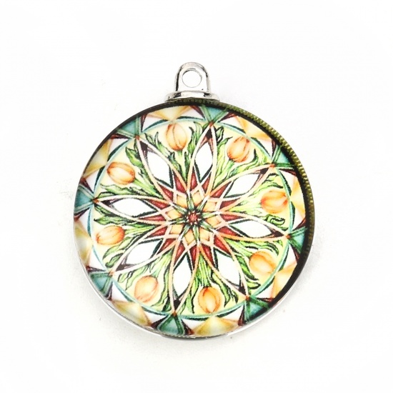 Picture of Glass Buddhism Mandala Pendants Round Flower Multicolor 35mm(1 3/8") x 30mm(1 1/8"), 5 PCs