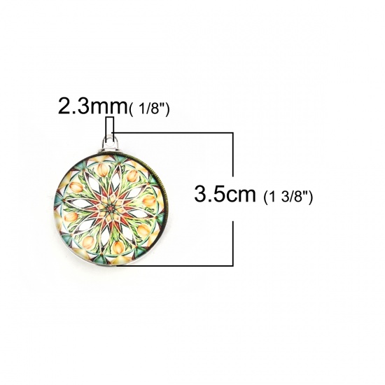 Picture of Glass Buddhism Mandala Pendants Round Flower Multicolor 35mm(1 3/8") x 30mm(1 1/8"), 5 PCs