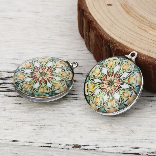 Picture of Glass Buddhism Mandala Pendants Round Flower Multicolor 35mm(1 3/8") x 30mm(1 1/8"), 5 PCs