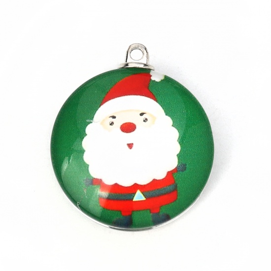 Picture of Glass Pendants Round Christmas Santa Claus Red & Green 35mm(1 3/8") x 30mm(1 1/8"), 5 PCs