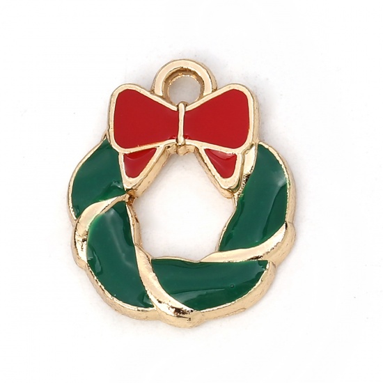 Picture of Zinc Based Alloy Charms Christmas Wreath Gold Plated Red & Green Bowknot Enamel 16mm( 5/8") x 14mm( 4/8"), 10 PCs