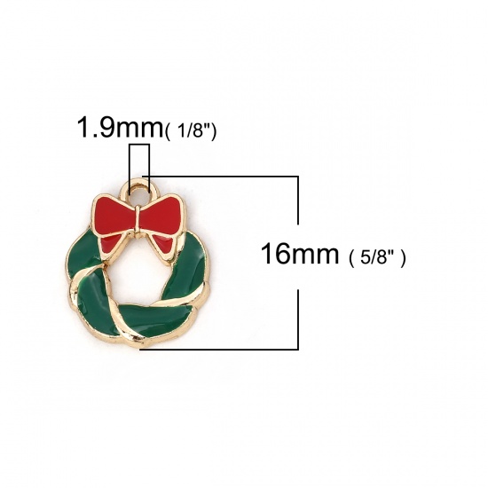 Picture of Zinc Based Alloy Charms Christmas Wreath Gold Plated Red & Green Bowknot Enamel 16mm( 5/8") x 14mm( 4/8"), 10 PCs