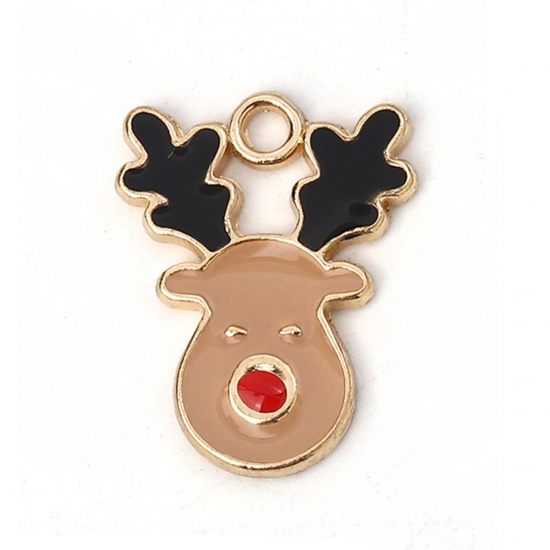Picture of Zinc Based Alloy Charms Christmas Reindeer Gold Plated Khaki Enamel 17mm( 5/8") x 13mm( 4/8"), 10 PCs