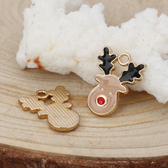 Picture of Zinc Based Alloy Charms Christmas Reindeer Gold Plated Khaki Enamel 17mm( 5/8") x 13mm( 4/8"), 10 PCs