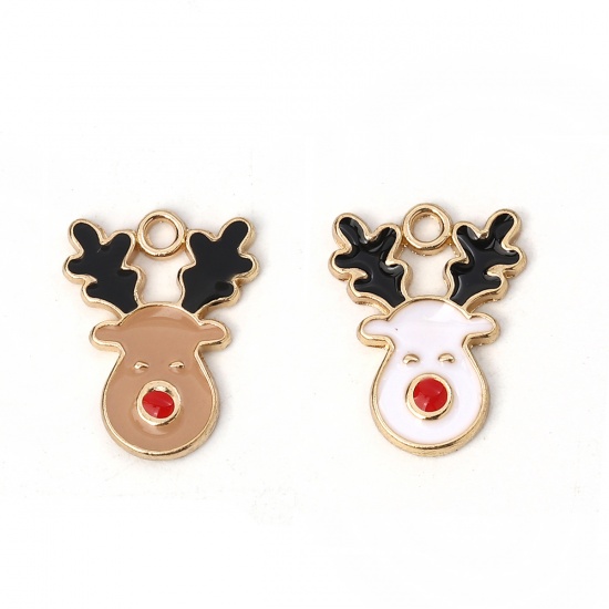 Picture of Zinc Based Alloy Charms Christmas Reindeer Gold Plated White Enamel 17mm( 5/8") x 13mm( 4/8"), 10 PCs