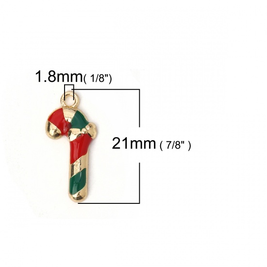 Immagine di Lega di Zinco Charms Gruccia di Zucchero di Natale Oro Placcato Rosso & Verde Smalto 21mm x 10mm , 10 Pz