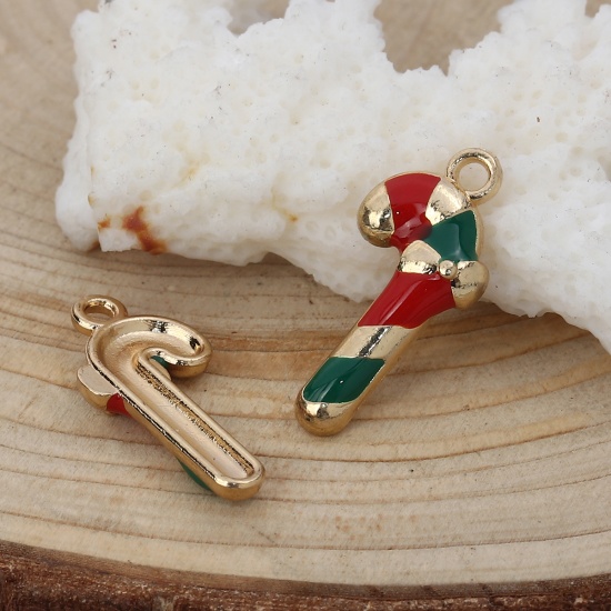 Picture of Zinc Based Alloy Charms Christmas Candy Cane Gold Plated Red & Green Enamel 21mm( 7/8") x 10mm( 3/8"), 10 PCs