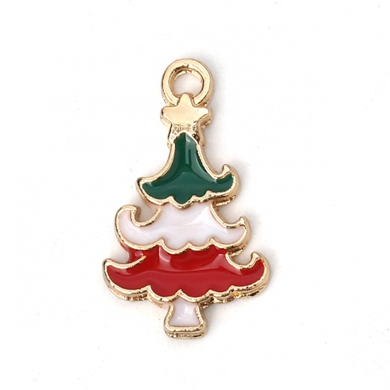 Picture of Zinc Based Alloy Charms Christmas Tree Gold Plated Red & Green Enamel 20mm( 6/8") x 12mm( 4/8"), 10 PCs