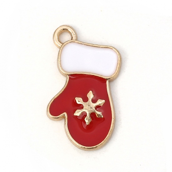 Picture of Zinc Based Alloy Charms Christmas Gloves Gold Plated White & Red Christmas Snowflake Enamel 18mm( 6/8") x 11mm( 3/8"), 10 PCs