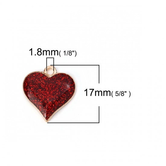 Bild von Zinklegierung Charms Herz Vergoldet Rot Glitzert 17mm x 16mm, 10 Stück