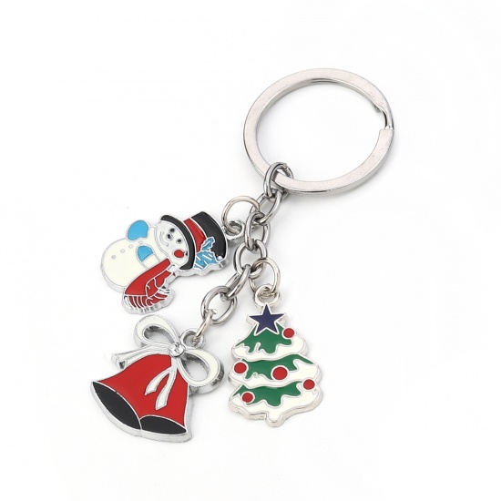 Bild von Schlüsselkette & Schlüsselring Weihnachten Jingling Schelle Silberfarbe Weiß & Rot Weihnachten Schneemann Emaille 9.3cm x 3cm, 1 Stück