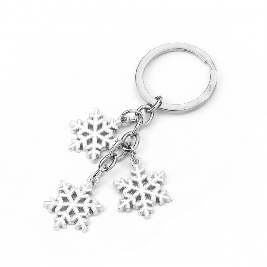 Picture of Keychain & Keyring Christmas Snowflake Silver Tone White Enamel 9.2cm x 3cm, 1 Piece