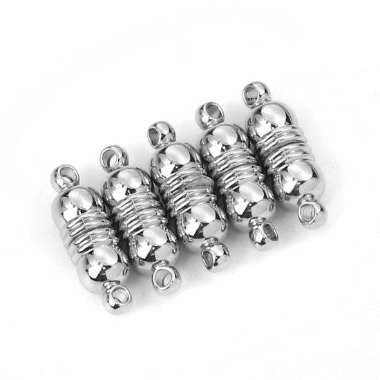 Picture of Zinc Based Alloy Magnetic Clasps Cylinder Silver Tone Stripe Carved 18mm x 6mm, 5 Sets