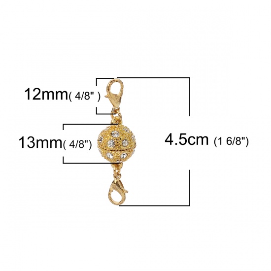 Picture of Zinc Based Alloy Magnetic Clasps Ball Gold Plated Clear Rhinestone 45mm x 13mm, 2 Sets