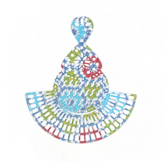 Picture of Brass Enamel Painting Pendants Multicolor Fan-shaped Filigree Stamping 70mm x 59mm, 3 PCs                                                                                                                                                                     