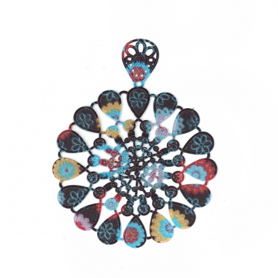 Picture of Brass Enamel Painting Pendants Multicolor Flower Filigree Stamping 70mm x 53mm, 3 PCs                                                                                                                                                                         