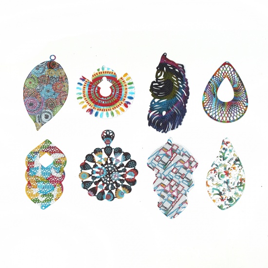 Picture of Brass Enamel Painting Pendants Multicolor Flower Filigree Stamping 70mm x 53mm, 3 PCs                                                                                                                                                                         