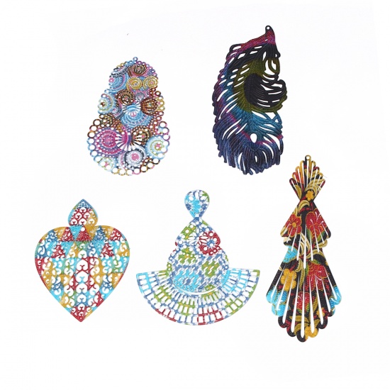 Picture of Brass Enamel Painting Pendants Multicolor Calabash Spiral Filigree Stamping 66mm x 41mm, 3 PCs                                                                                                                                                                