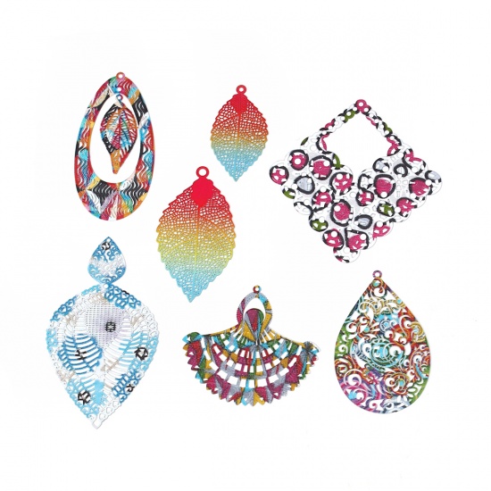 Picture of Brass Enamel Painting Pendants Multicolor Drop Leaf Filigree Stamping 60mm x 30mm, 5 PCs                                                                                                                                                                      