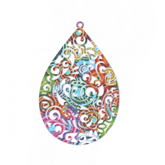 Изображение Латунь Эмалированная Живопись Подвески Разноцветный водяная капля Филигранные цветок железа 55мм x 34мм, 5 ШТ                                                                                                                                                 