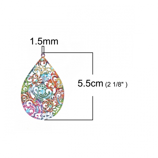 Picture of Brass Enamel Painting Pendants Multicolor Drop Filigree Stamping 55mm x 34mm, 5 PCs                                                                                                                                                                           