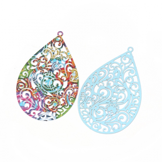 Picture of Brass Enamel Painting Pendants Multicolor Drop Filigree Stamping 55mm x 34mm, 5 PCs                                                                                                                                                                           