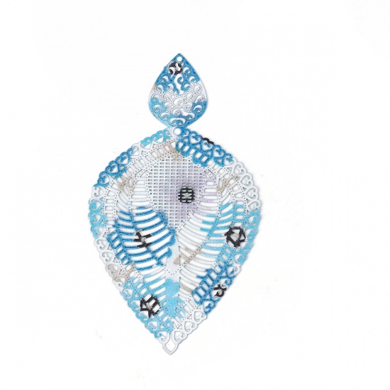 Изображение Латунь Эмалированная Живопись Подвески Синий водяная капля Филигранные цветок железа 74мм x 41мм, 5 ШТ                                                                                                                                                        