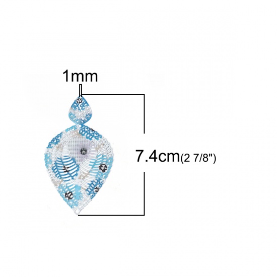 Picture of Brass Enamel Painting Pendants Blue Drop Filigree Stamping 74mm x 41mm, 5 PCs                                                                                                                                                                                 