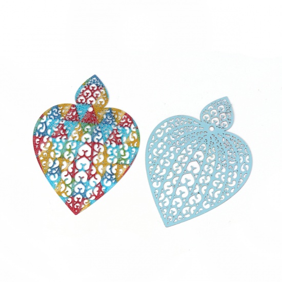 Picture of Brass Enamel Painting Pendants Multicolor Heart Filigree Stamping 64mm x 46mm, 5 PCs                                                                                                                                                                          