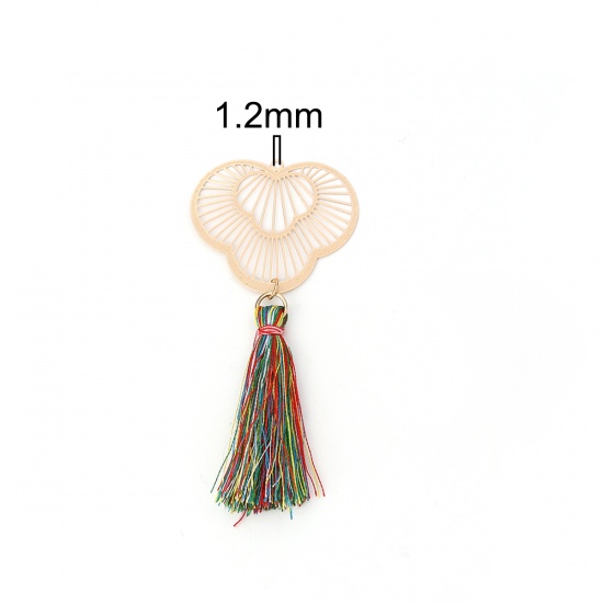 Picture of Brass & Polyester Pendants Gold Plated Multicolor Fan-shaped Tassel Filigree Stamping 8.3cm x 3.6cm, 5 PCs                                                                                                                                                    